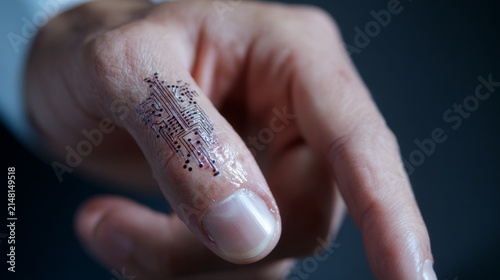 Close-up of a hand with a temporary digital tattoo of a qubit symbol, interacting with a quantum interface. Human-tech interaction. 