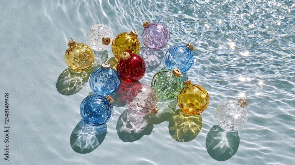 Obraz premium Colorful glass baubles arranged on water with sunlight reflections, showcasing a minimalist and festive holiday layout.
