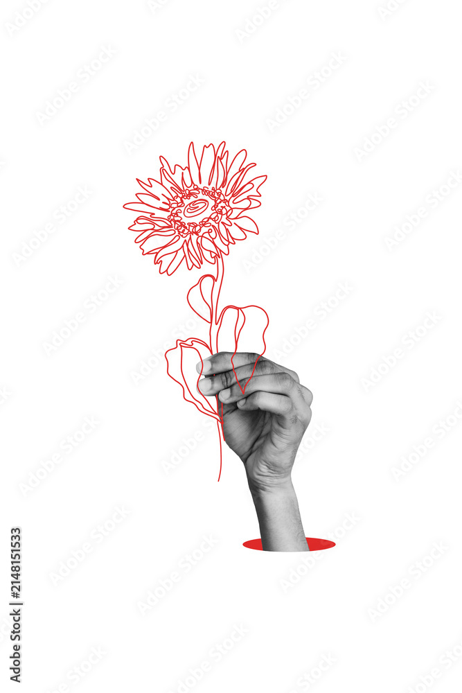Fototapeta premium Vertical poster collage hand body fragment hold flower blossom celebrate holiday greeting surprise congratulation birthday drawing doodles