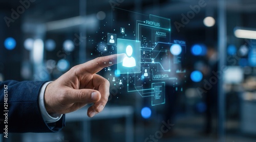 Selecting a virtual human avatar via a digital interface by a businessperson, representing AI and recruitment.