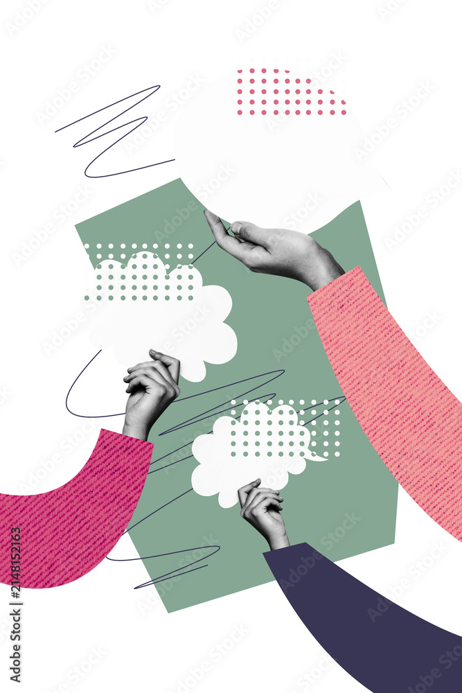 Obraz premium Vertical poster collage hands body fragments communication forum share opinion mind bubbles clouds discussion drawing doodles