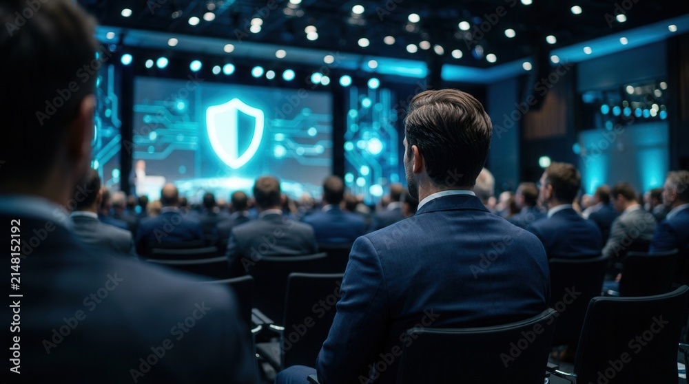 Fototapeta premium Business conference audience viewing a cybersecurity presentation featuring a glowing digital shield symbol.