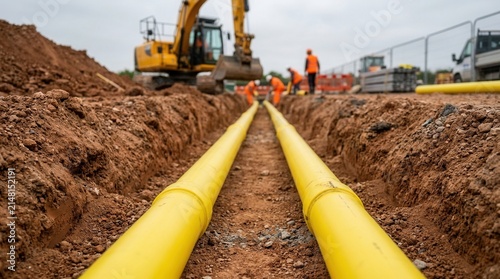 Construction trench with installed yellow gas pipeline representing energy distribution and natural gas infrastructure.