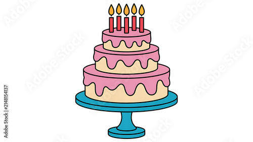 Festive three-tier birthday cake illustration with lit candles on a stand, ideal for celebration designs and party graphics