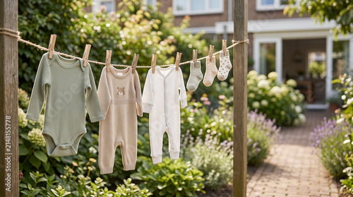 Baby clothes drying on an outdoor line in a sunny home garden