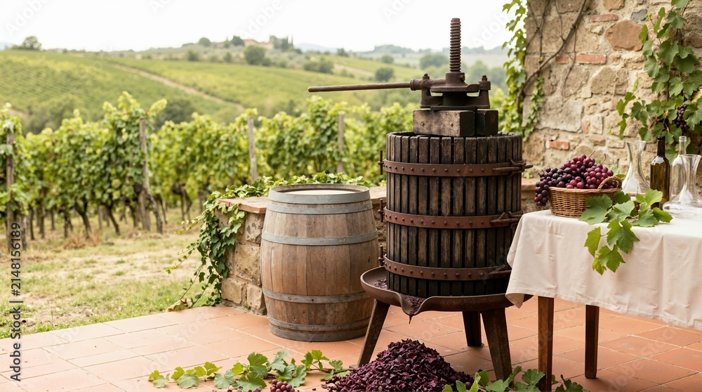 Obraz premium Old fashioned wooden wine press on a patio. Rustic barrel and table with grapes overlooking a vineyard. Traditional winemaking and Wine Day concept