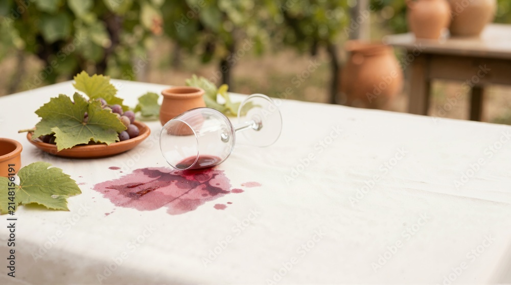 Obraz premium Overturned wine glass with a red wine stain on a white tablecloth. Spilled drink on a table with grapes and a vineyard background. Wine Day concept