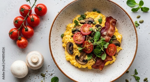 Gourmet Scrambled Eggs with Bacon, Tomatoes, Mushrooms, and Fresh Greens