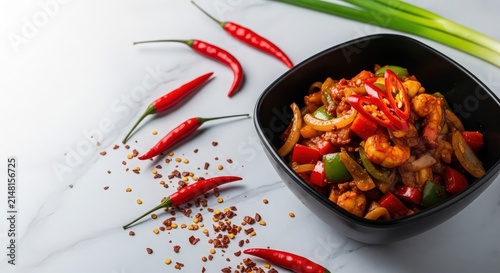 Spicy Stir-Fry with Shrimp, Peppers, and Chili on White Marble