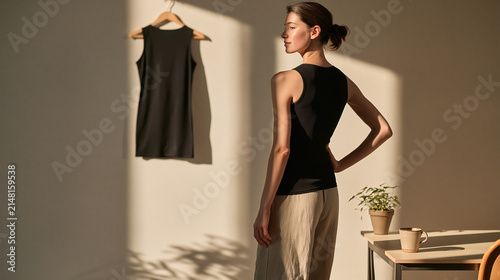 shapewear. Woman from behind in minimal workspace, shapewear hanging on hanger, plant and mug, warm morning mood, lifestyle magazines.