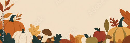 Autumn harvest border featuring pumpkins, gourds, apples and fall leaves with warm muted tones and ample copy space. Perfect for seasonal designs and banners.