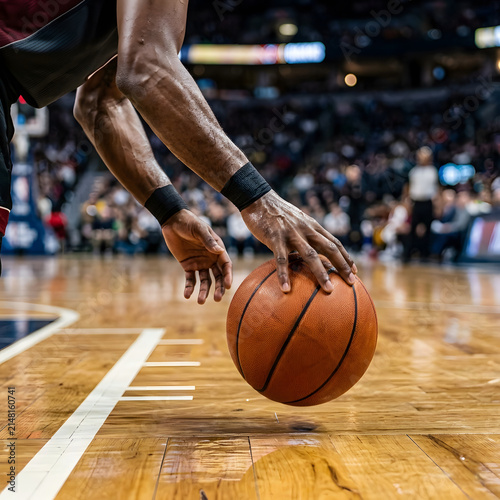 A basketball player's hands dribbling a ball on a polished wooden court during a game or practice.