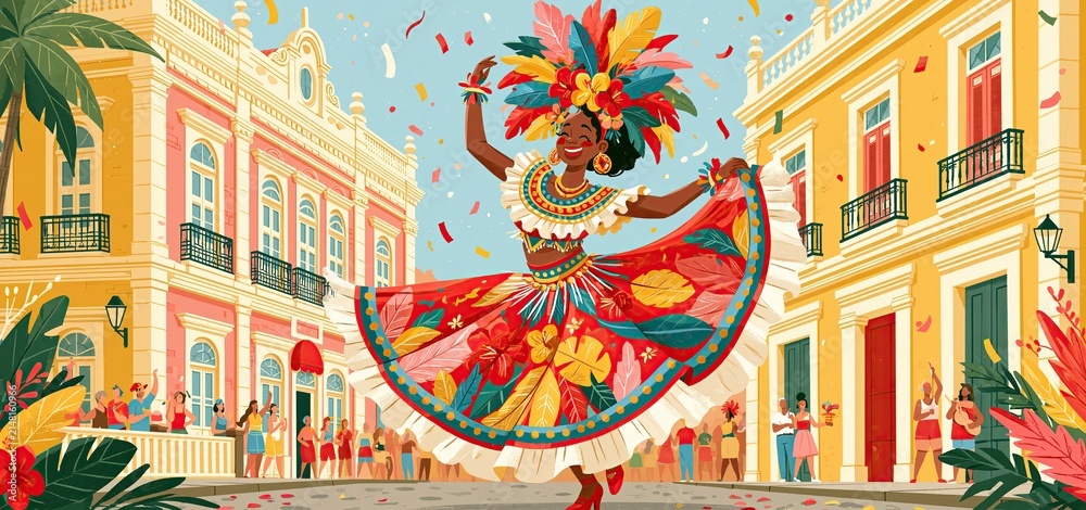 Obraz premium A carnival performer dressed in colorful Brazilian folklore costume celebrates amid lively streets and historic buildings.