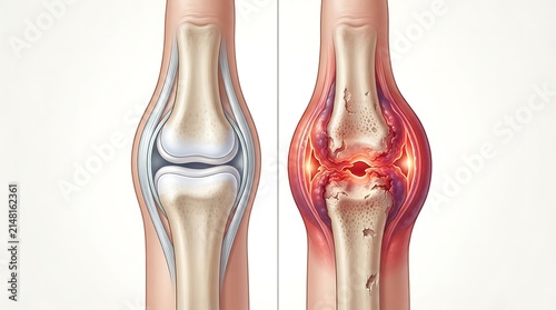 Healthy Knee Joint vs Damaged Arthritic Knee Comparison Medical Illustration for Healthcare and Science Communication
