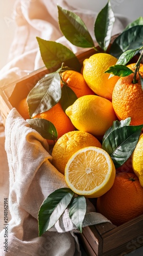 Wooden crate displaying fresh lemons, oranges, and green leaves, symbolizing natural goodness and healthy eating