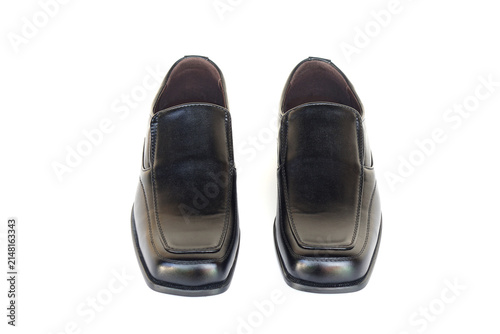 Bild auf Leinwand Front view of a pair of black leather men's slip-on dress shoes isolated on a white background