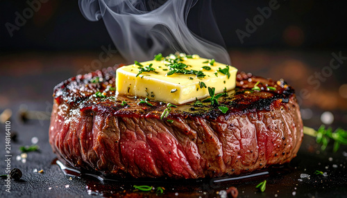 Medium rare beef steak with melting herb butter texture
