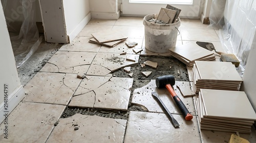 Home Renovation Project: Damaged Floor Tiles Being Replaced with New Ceramic Tiles and Tools
