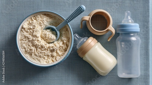 Powdered formula sits beside a baby bottle and measuring cup.