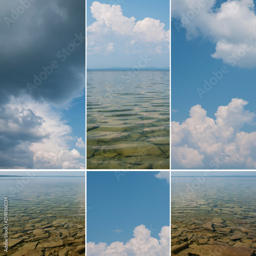Collage with summer views of Uvildy lake and cloudy blue sky above, South Urals, Russian Federation