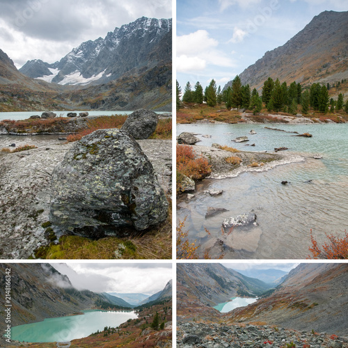 Collage with autumn views of lake Kuiguk, glacial lake located in the Altai mountains, Russian Federation