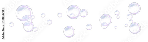 Realistic transparent soap bubble set with shiny white reflections, soft rainbow colored rims, clear glass texture, and floating foam circles isolated on transparent background for projects.