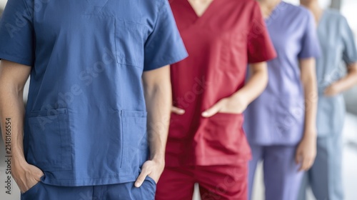 Healthcare professionals in colorful scrubs walking in a hospital hallway