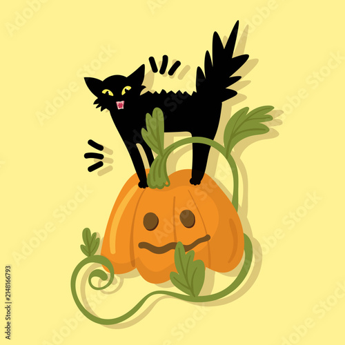 Vector Halloween illustration of an angry cat on a pumpkin.