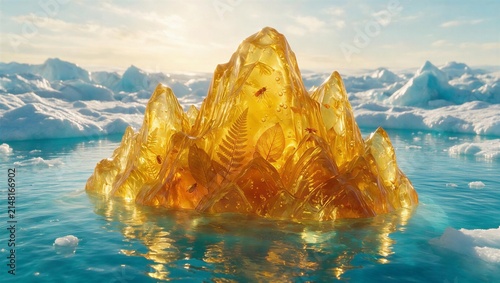 Translucent Golden Amber Iceberg Revealing Ancient Leaves and Insects Above Arctic Waters