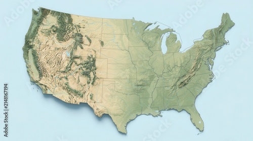 United States Detailed Elevation Map showing Geographic Boundaries and Topographical Features