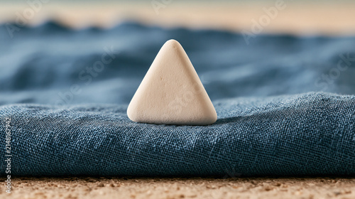equilateral. Single white equilateral triangle object on deep blue linen, calm still life for editorial concept, lifestyle magazines.