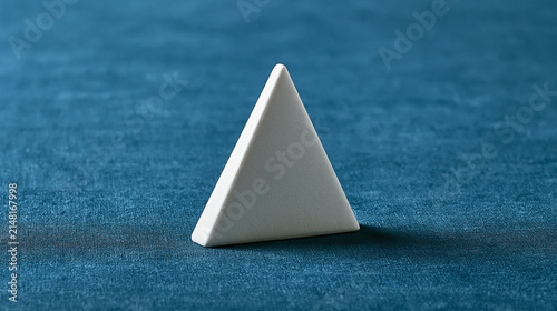 equilateral. Single white equilateral triangle object on deep blue linen, calm still life for editorial concept, lifestyle magazines.