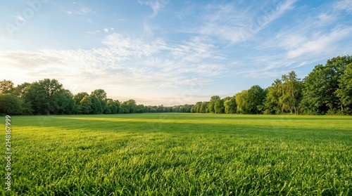 Background texture of a clean and wellmaintained grass lawn with variety of trees against a beautiful sky at a vacant ground or empty unpowered campsite in a park.