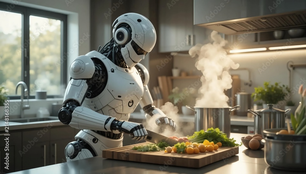 Fototapeta premium Humanoid robot cooking vegetables in modern kitchen