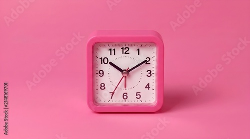 Hot Pink Square Alarm Clock on Hot Pink Background Minimalist Time Concept