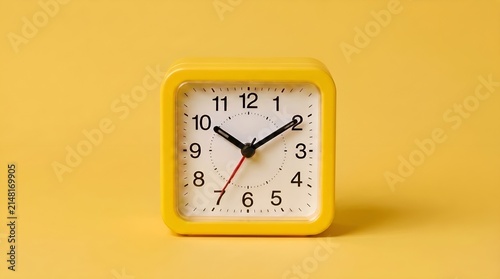 Yellow Square Alarm Clock on Yellow Background Minimalist Time Concept