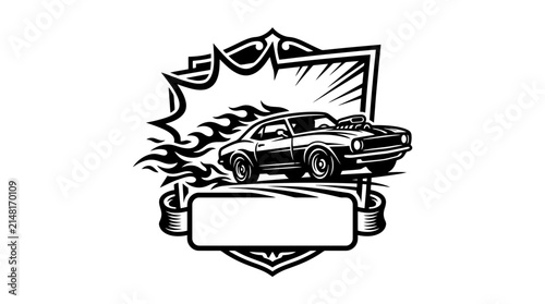 Vintage muscle car with flames and a banner, rendered in a bold black and white graphic style.