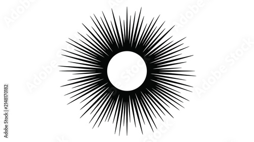 A striking black and white graphic illustration of a sunburst or starburst emanating from a central white circle.
