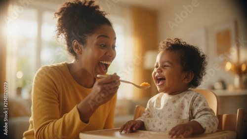 Happy Mother Feeding Baby with Spoon at Home