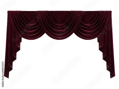 A rich burgundy velvet valance drapes elegantly, showcasing exquisite pleating and a cascade of fabric, adding a touch of opulence to any window treatment.