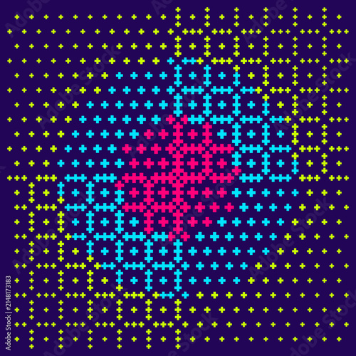 Symmetric abstract pattern created with small neon plus signs forming a colorful radial gradient effect on dark purple background.