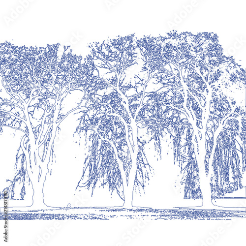 Outline of stylized deciduous trees with intricate branch patterns creating layered forest silhouettes against a transparent background.