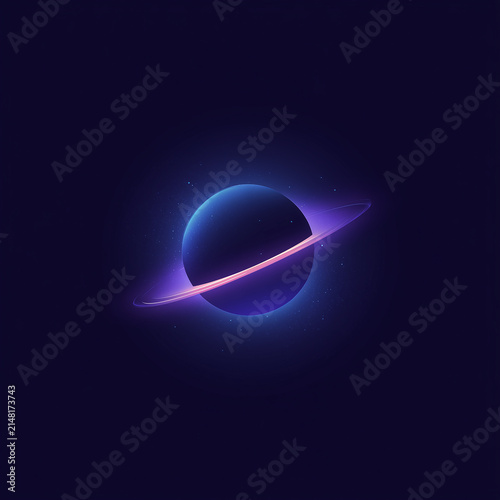 Stylized ringed planet glowing in dark space. Futuristic planet Saturn with purple neon ring graphic background, for sci-fi and space-themed visual projects.