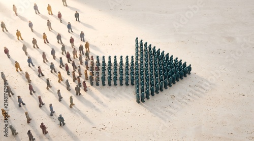 Social conformity concept showing a large crowd of tiny diverse people merging to form a giant arrow pointing forward