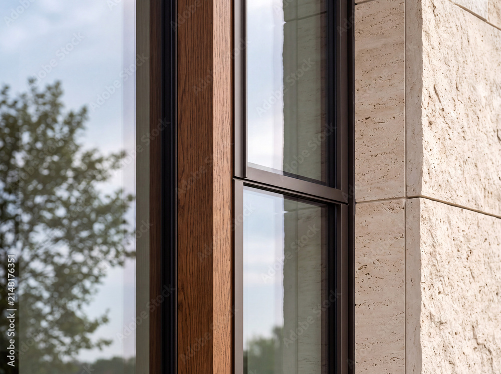 Fototapeta premium Modern Architectural Detail of Wood, Stone and Aluminum Window Facade