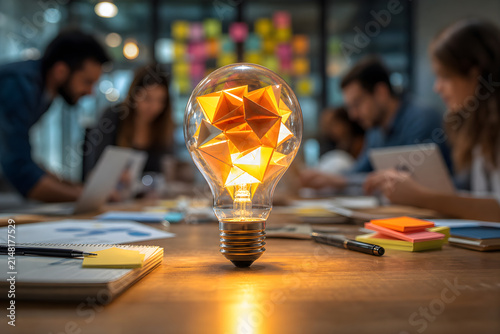A light bulb showcasing creativity in an office setting with a collaborative team discussing ideas