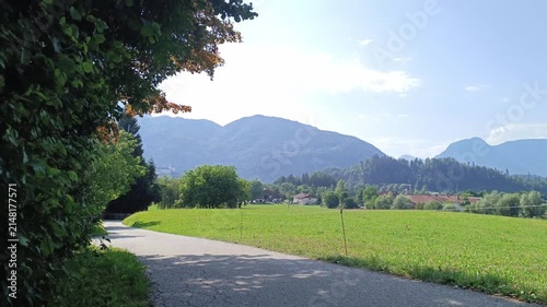 A scenic narrow asphalt road winds past lush green fields, framed by leafy trees with majestic mountains stretching across the sunny horizon under a bright blue summer sky.