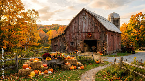 Red barn with pumpkins and hay bales in a colorful autumn forest landscape during a sunny fall day