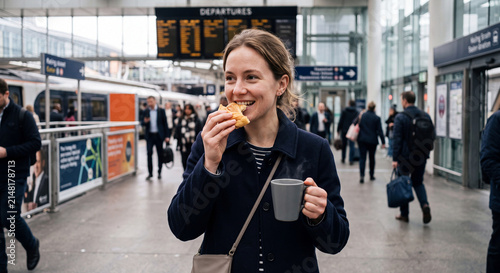 A professional woman eating a sandwich and holding a cup of coffee while walking through a busy railway station.