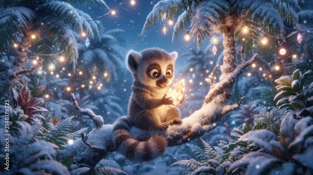 Fototapeta premium Cute lemur sitting on a snow covered tropical tree branch holding a glowing crystal ornament during winter